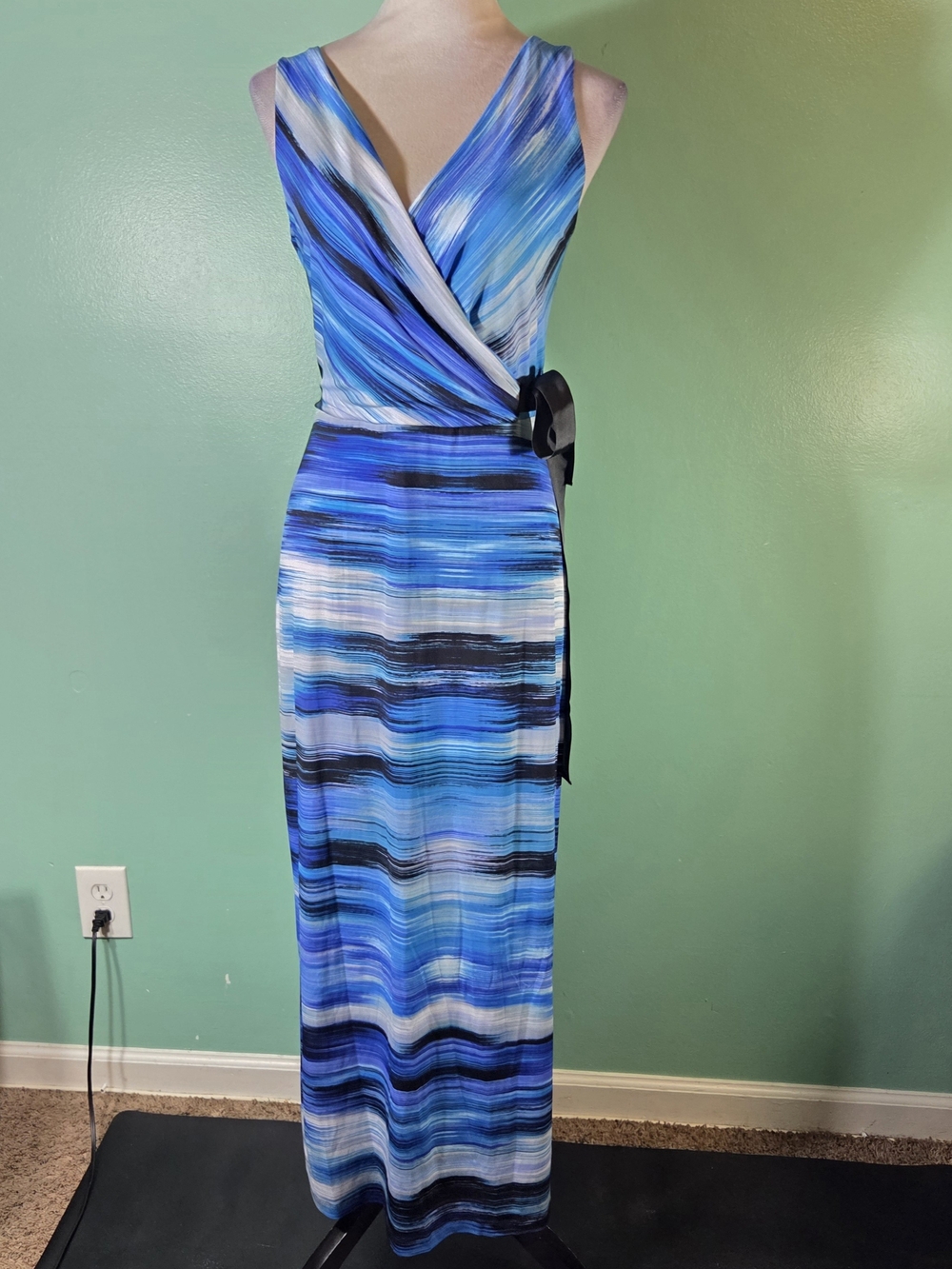 Danny & Nicole Blue and Black Striped Wrap Maxi Dress